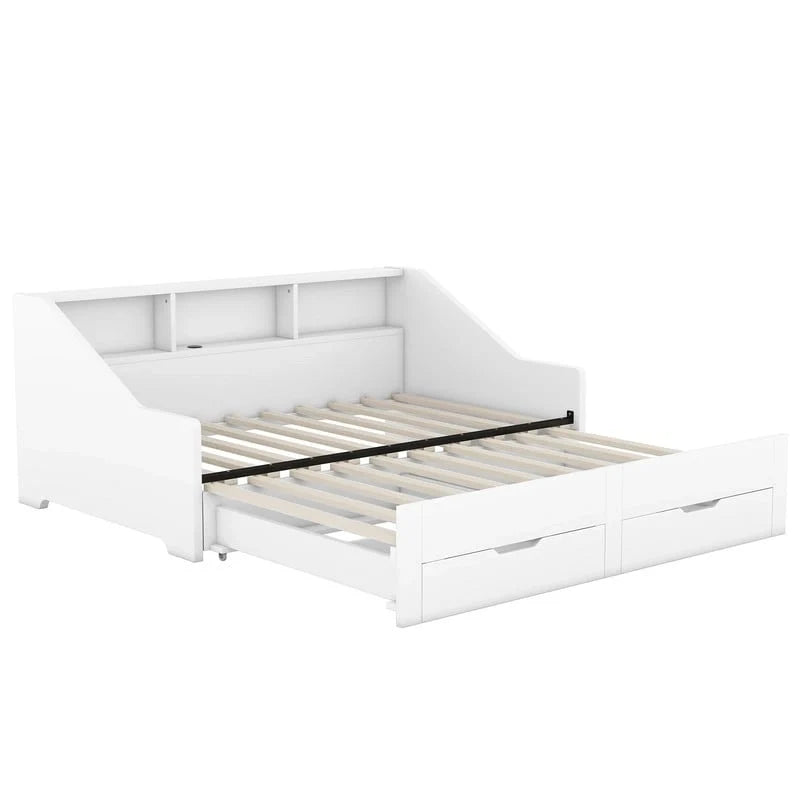 Estructura de cama diván extensible de tamaño individual a king con estanterías de almacenamiento