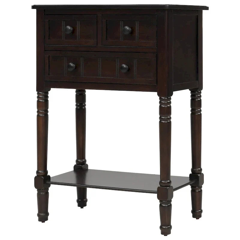 Console étroite et mince couleur expresso / table de canapé avec 3 tiroirs et 1 étagère inférieure