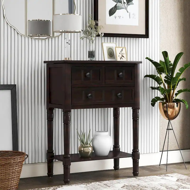 Console étroite et mince couleur expresso / table de canapé avec 3 tiroirs et 1 étagère inférieure