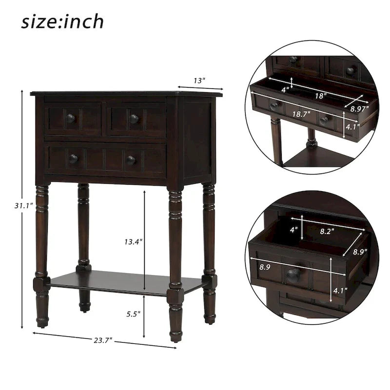Schmaler Espressobrauner Konsolentisch/Sofatisch mit 3 Schubladen und 1 unterem Ablageboden