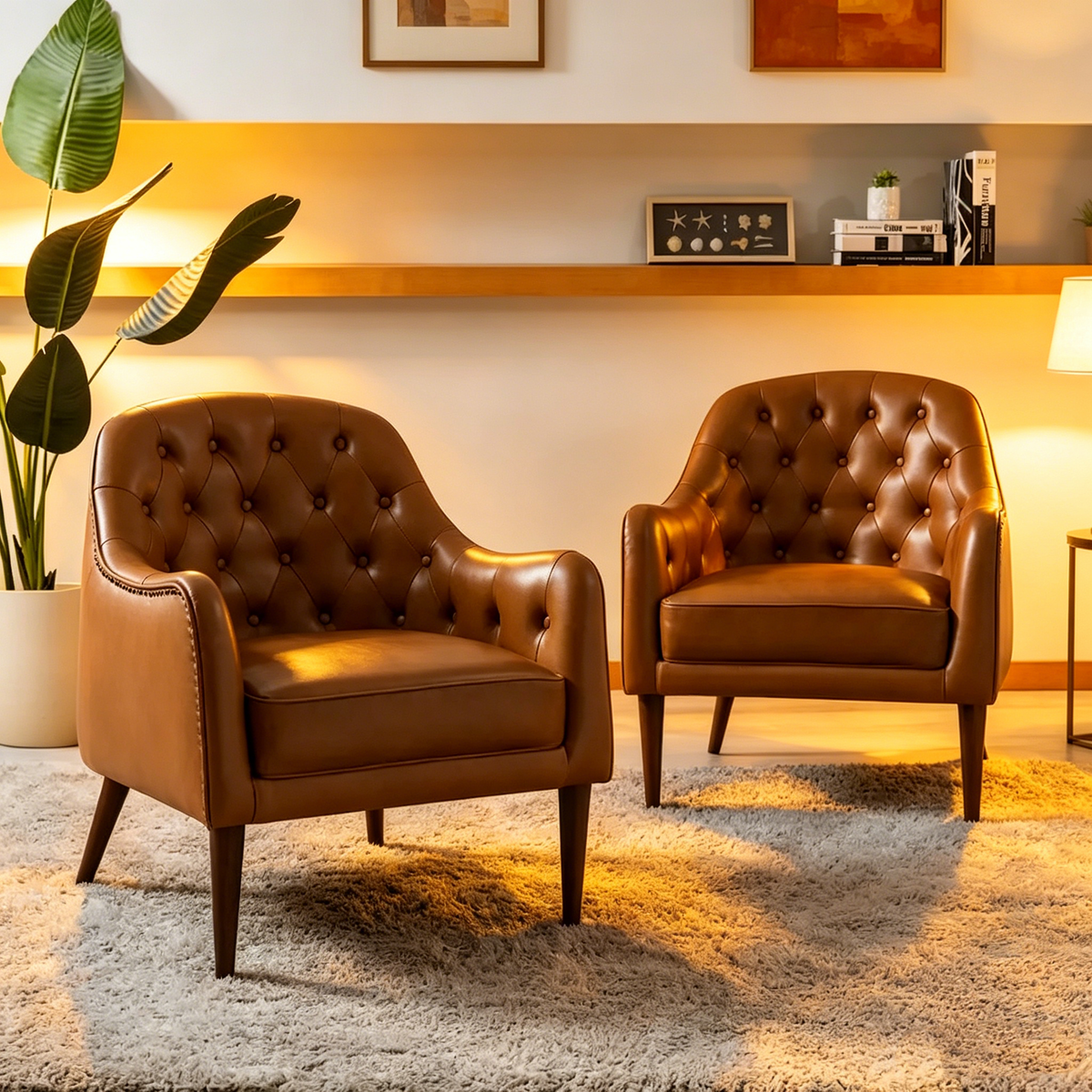 Sillón clásico de cuero genuino con patas de madera y respaldo capitoné